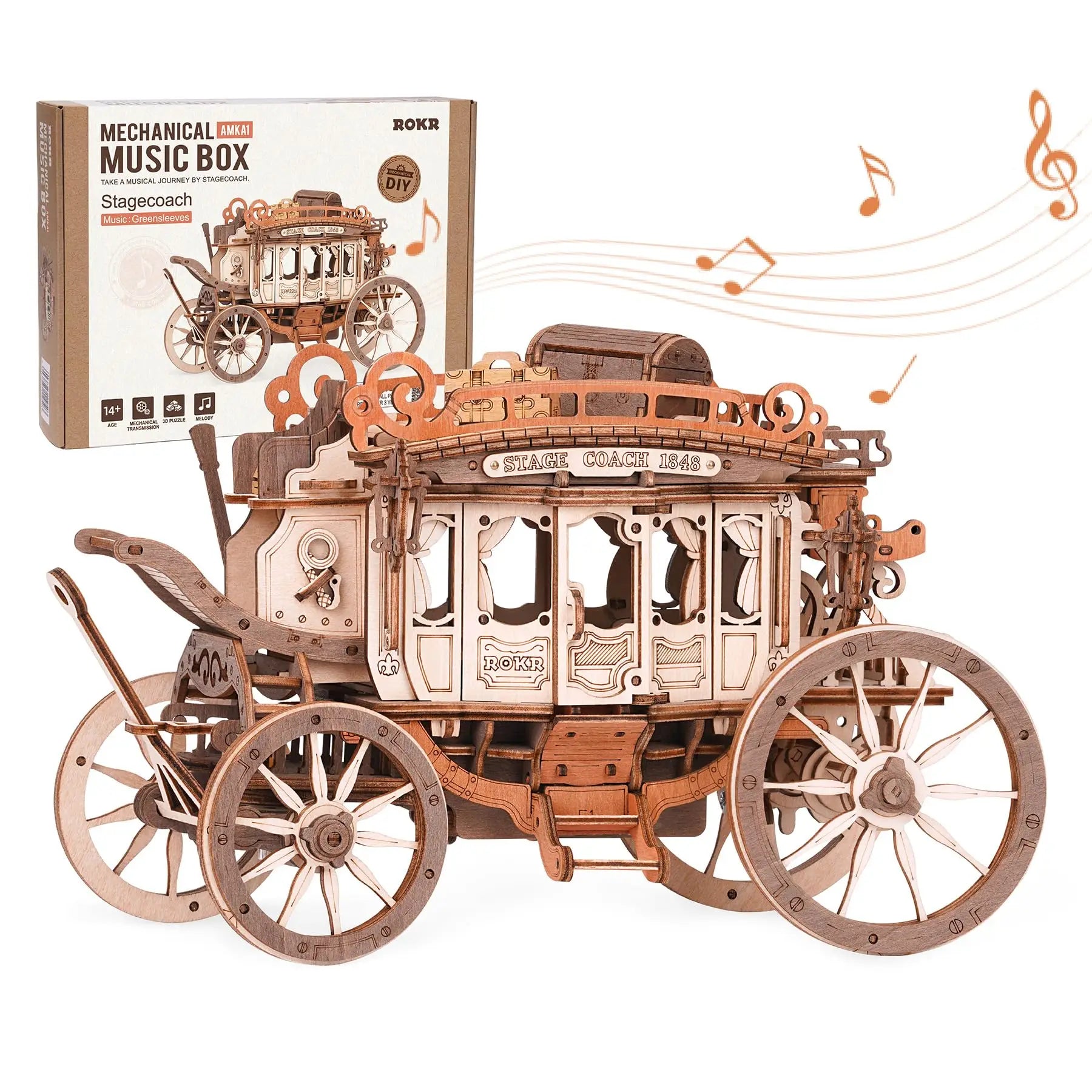 Build a Musical Stagecoach — ROKR Wooden Music Box 3D Mechanical Puzzle